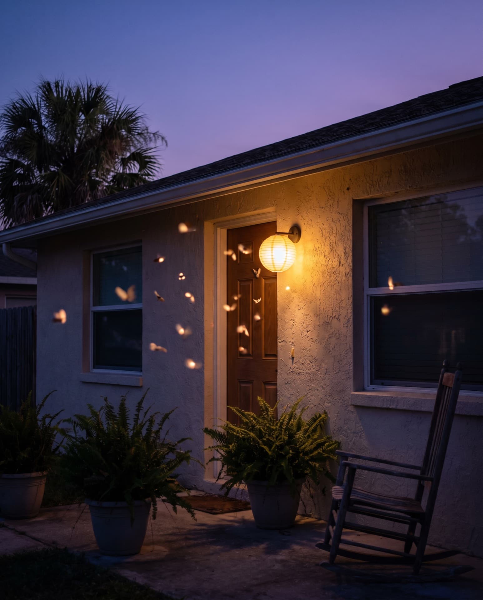A porch light left on at dusk.