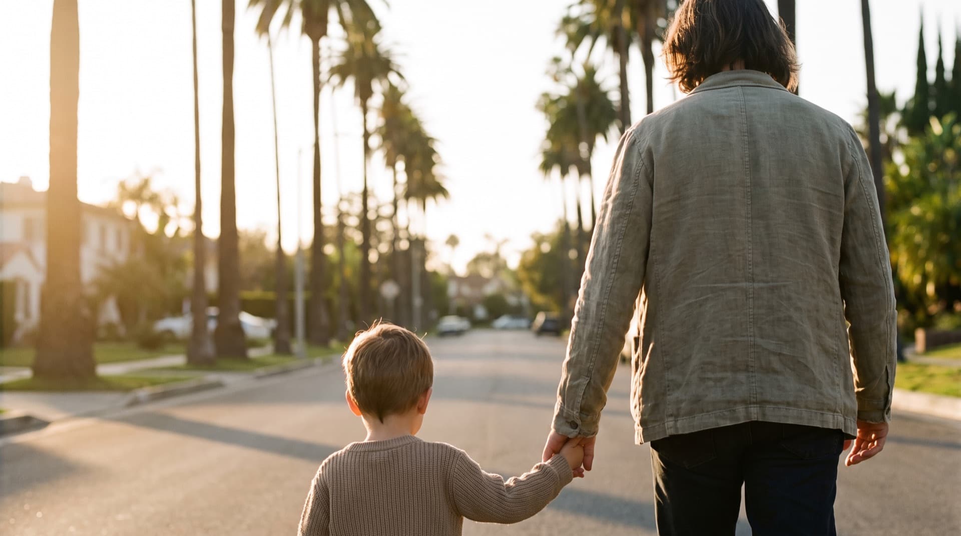A parent and child walk hand in hand at sunset.